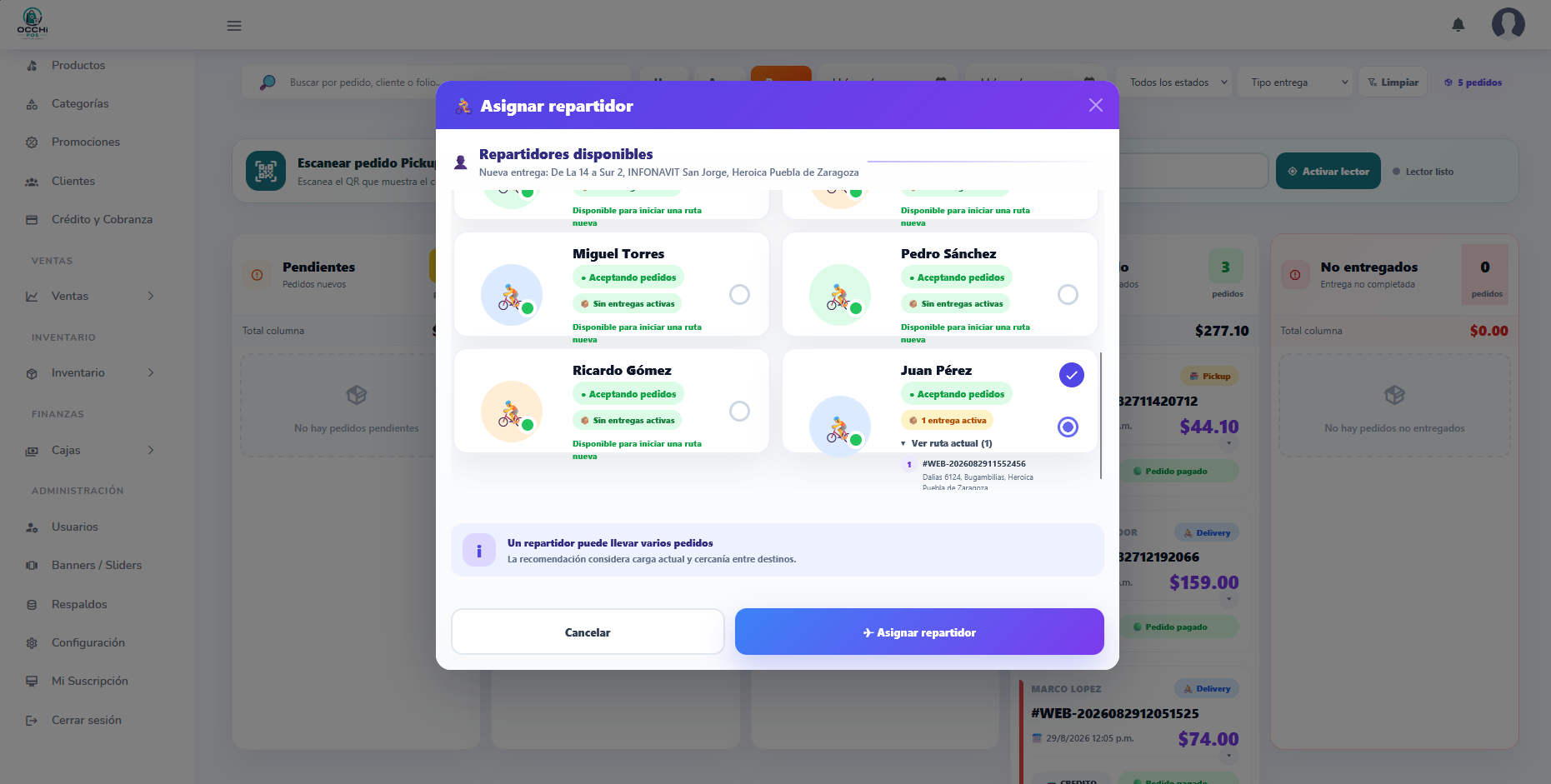 Asignación inteligente de repartidor
